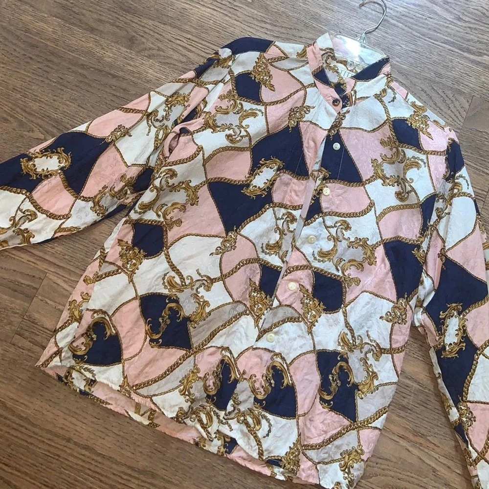 Silk vintage button up chain print 90s blue pink gold boho preppy classic